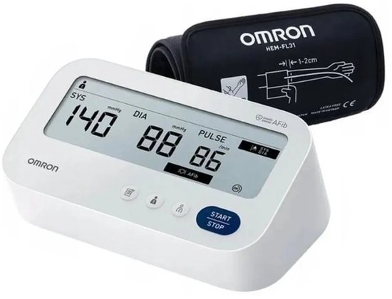 Witte Omron bloeddrukmeter met een digitale weergave van 140/88/86 mmHg en een zwarte manchet met de tekst OMRON HEM-FL31.