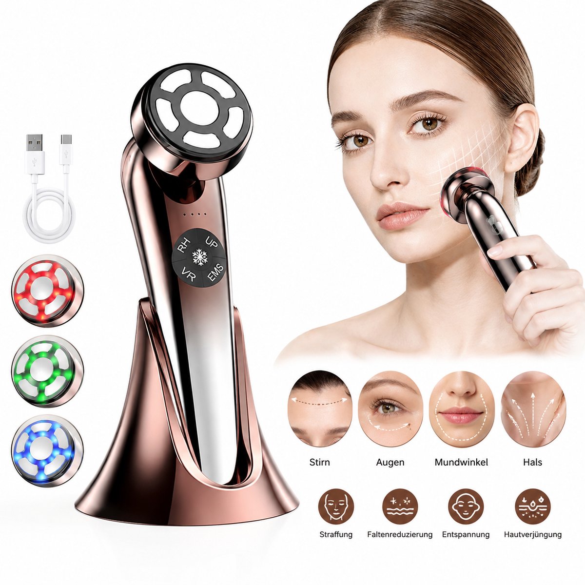 5-in-1 Gezichtsmassageapparaat – RF 90 kHz, EMS, Tri-LED, Warmte & Koeling – Professionele Gezichtsverzorging