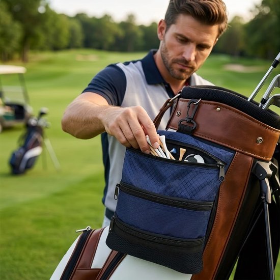 Marineblauwe golf trolleytas heren en dames – golf accessoire tas met 3 ritsvakken, mesh opbergvak, ophanghaak en ritssluiting – draagbare golf opbergtas voor golf trolley en golfuitrusting — afbeelding 3