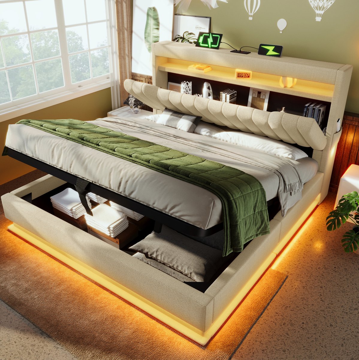 REDOM Bed - Opbergend hoofdbord met USB en Type-C - LED verlichting en hydraulische opbergruimte - Modern - Stof en metaal - Beige - 208 x 142 x 112 cm