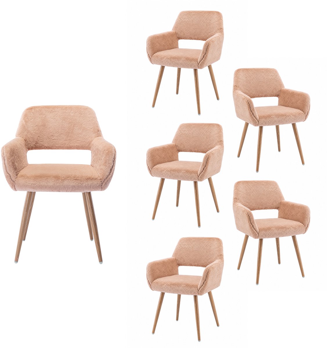 Luxe Eetkamerstoel - Set Van 6 met Teddy Stof en Open Rug - Camel