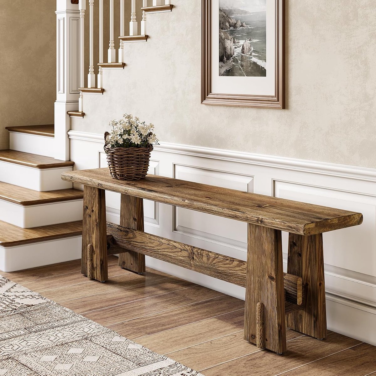 LITTLE TREE Massief Houten Entreebank - 150 x 30 x 45 cm - Schoenenbank met opbergplank - Smalle bank voor de hal