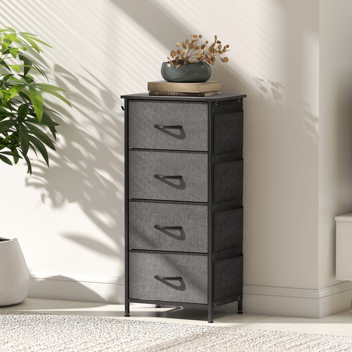 Ladekasten - Commode met 4 laden en stoffen bekleding - opbergmeubel met 4 vakken - 2 haken, stalen frame - 45 x 30 x 94,5 cm - grijs