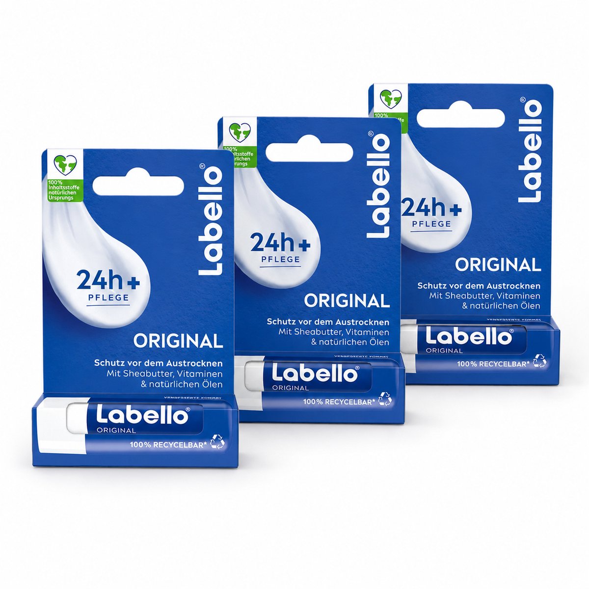 Labello Original - 3 stuks - Blauw - Voordeelset - 24H hydraterend -