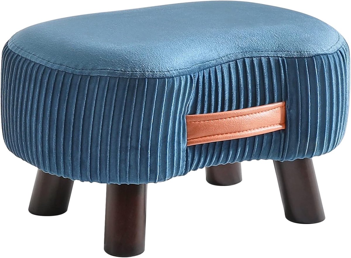 Home & Beyond® Voetenbankje met Handgreep - Fluwelen Krukje met Houten Poten - Blauw - 40x28x23 cm