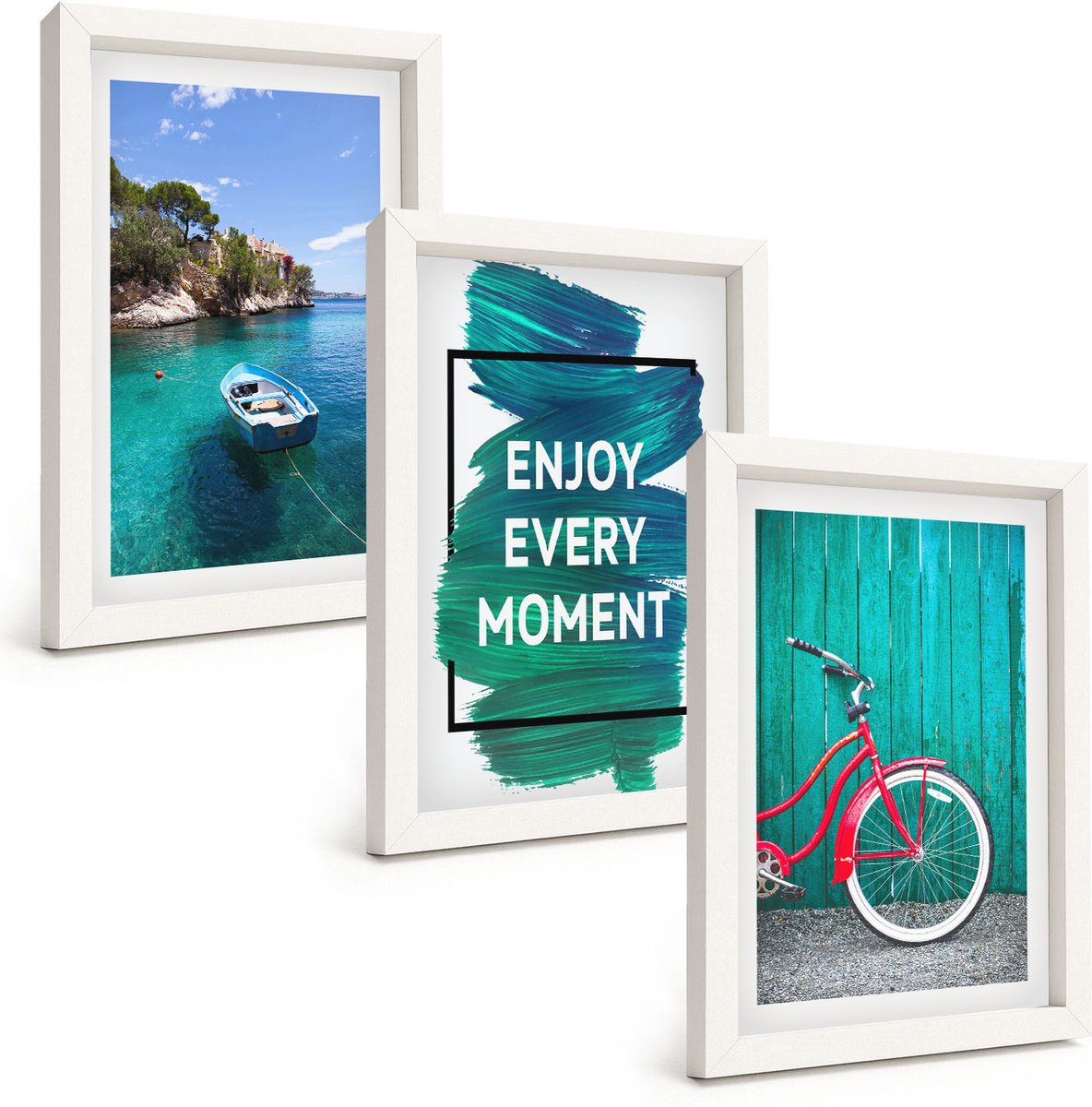 Wallfluent 3-Delige Schilderij Set - Zeezicht Met Boot En Fiets, Inspirerende Belettering - 20 x 30 - Muurdecoratie - Wanddecoratie - Hal