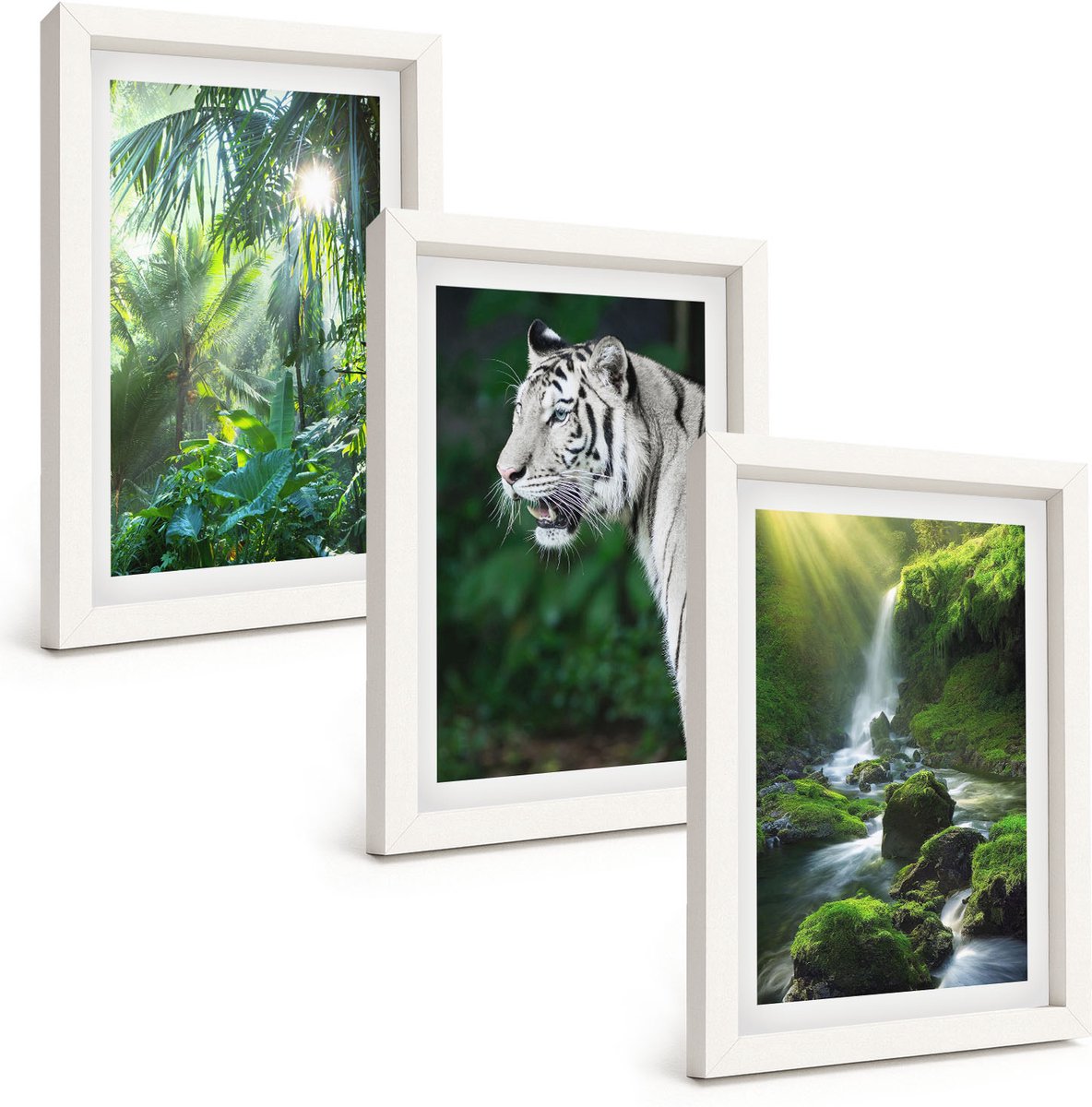 Wallfluent 3-Delige Schilderij Set - Jungle Met Een Witte Tijger En Een Wilde Waterval - 20 x 30 - Wanddecoratie - Moderne Interieurdecoratie - Woonkamer Decoratie