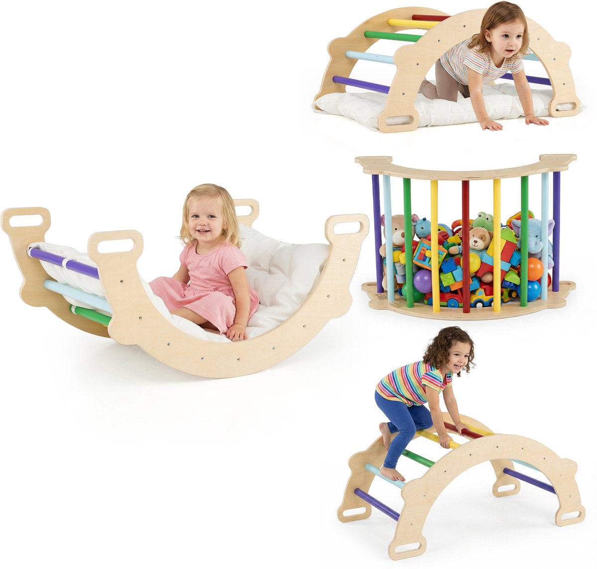 COSTWAY Kids Climber Arch Rocker met kussen, 3-in-1 Montessori-ladderboog om op te klimmen, houten klimspeelgoed voor peuters, klimrek voor binnen en buiten, leerspeelset voor kinderen voor verjaardagen