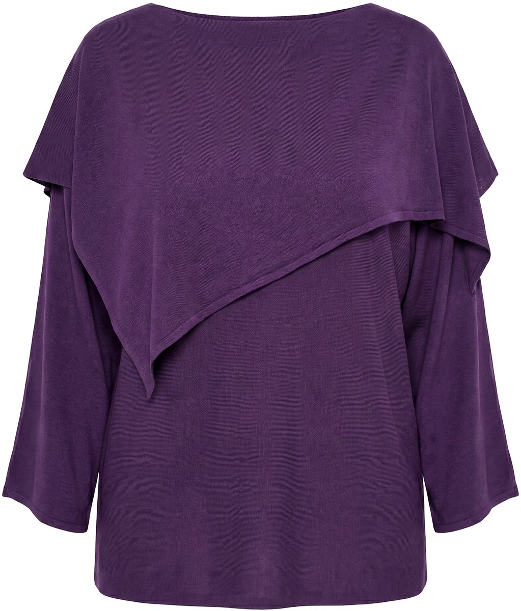 Ulla Popken - Dames - Trui overlay oversized boothals 3/4-mouwen - Donkerpruim - Maat 46+