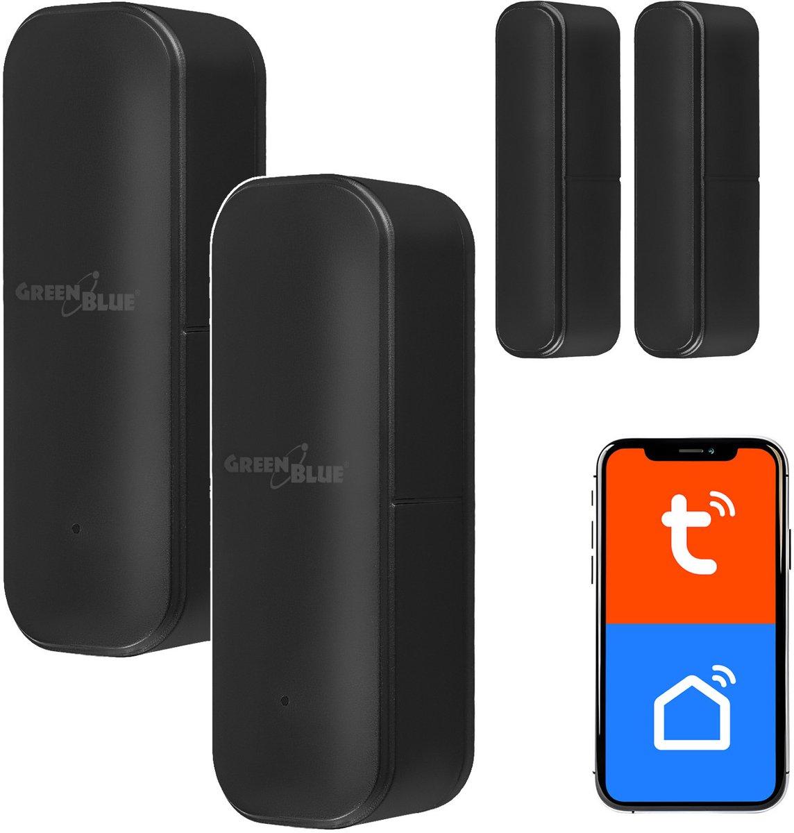 GreenBlue - 2 stuks Tuya slimme wifi- deur en raamsensor - Draadloze reedschakelaar - WiFi-openingssensor - 3,0 V DC, LR03x2, GB479 B - Zwart