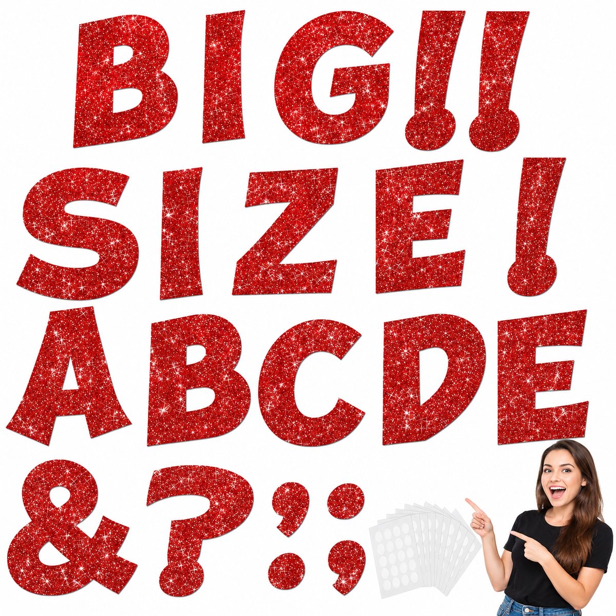Glitterletterset voor prikbord – 124 letters (ca. 18 cm hoog) – 30 leestekens – 200 plakpunten – Geschikt voor klaslokalen – Decoratieve letters voor prikbord – Posterletters – Gemakkelijk te gebruiken – Rood