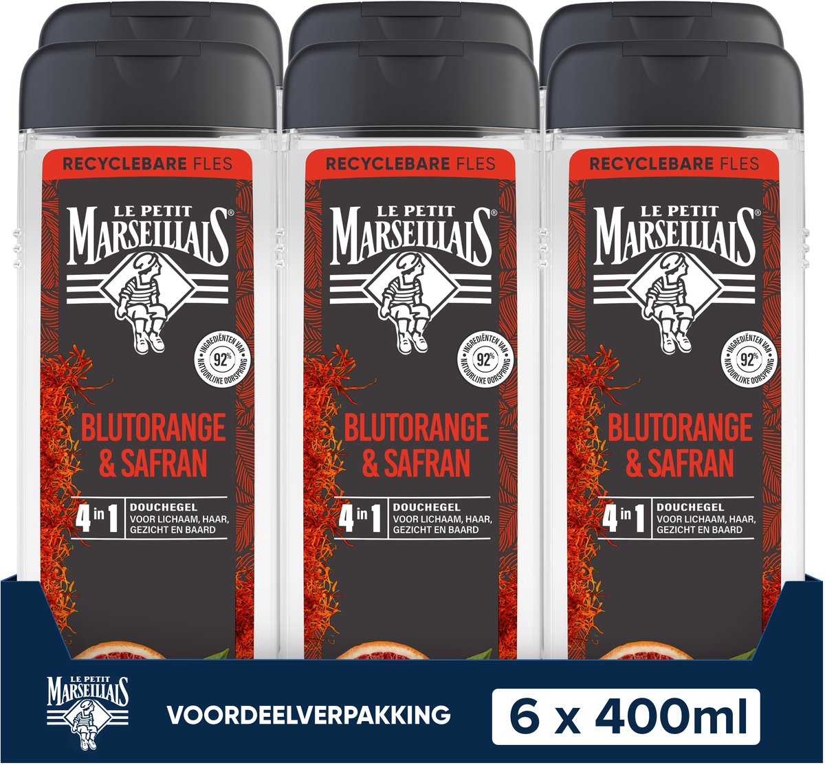Le Petit Marseillais 4in1 douchegel voordeelverpakking - bloedsinaasappel en saffraan - extra verfrissend effect - 6x400ml