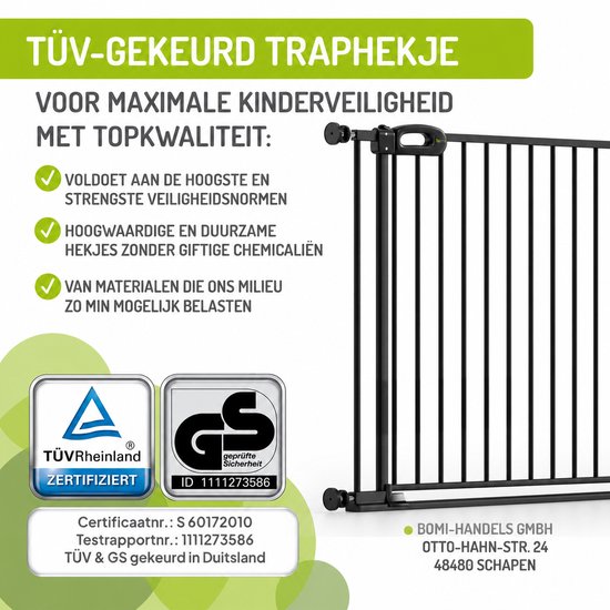 Zwart Bomi traphekje met TÜV- en GS-keurmerken en informatie over materiaal en certificaten.