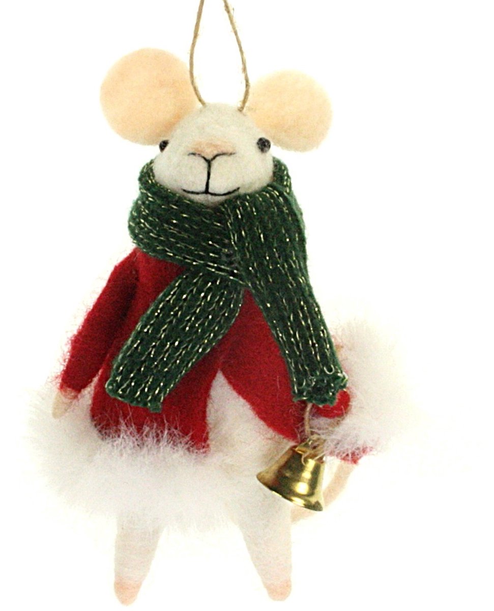 Muis met kerst jas en groene sjaal hangend vilt 8x5,5x12,5cm