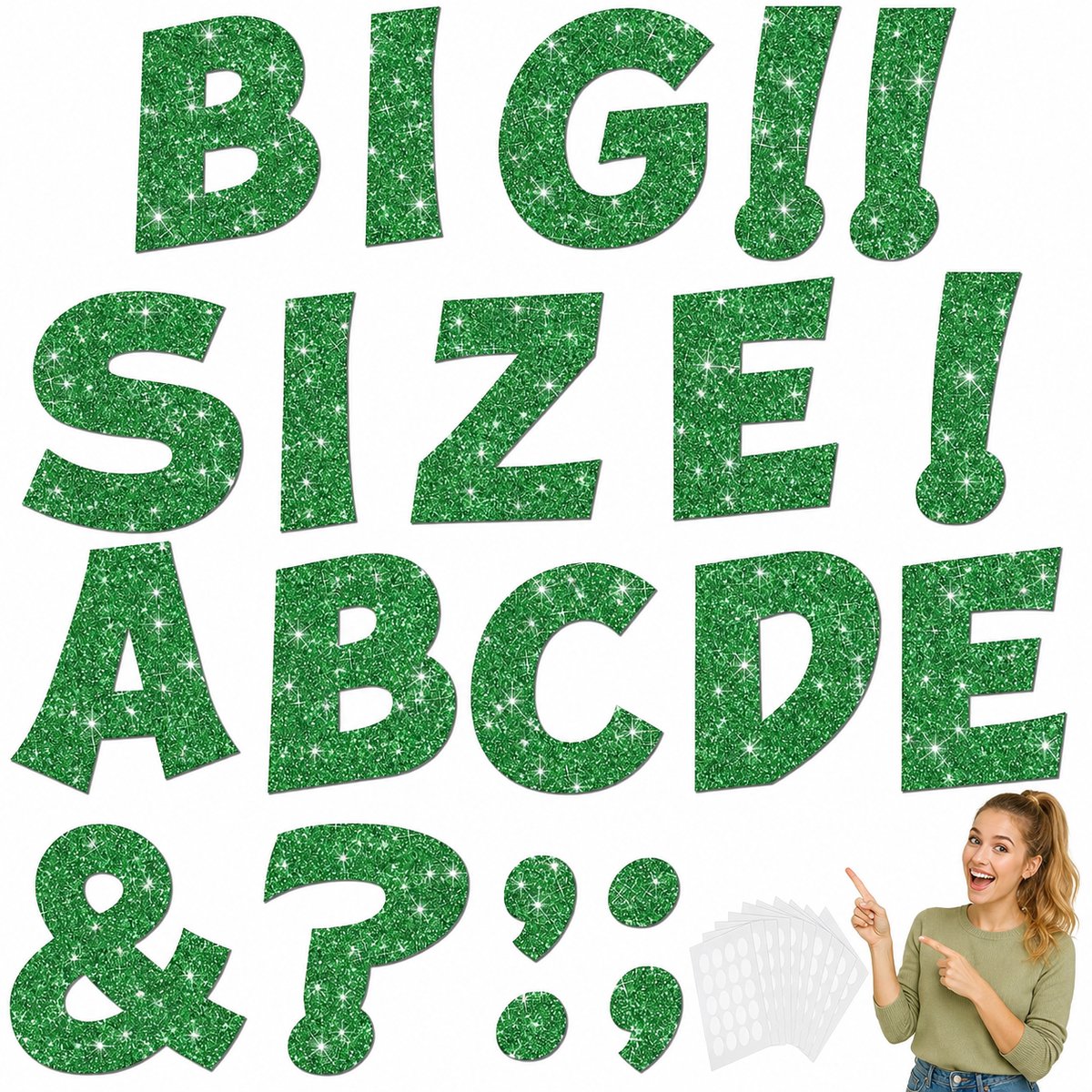 Glitterletterset voor prikborden – 124 letters (ca. 18 cm hoog) – 30 leestekens – 200 plakpunten – Geschikt voor klaslokalen – Decoratieve letters voor prikborden – Posterletters – Gemakkelijk te gebruiken – Groen