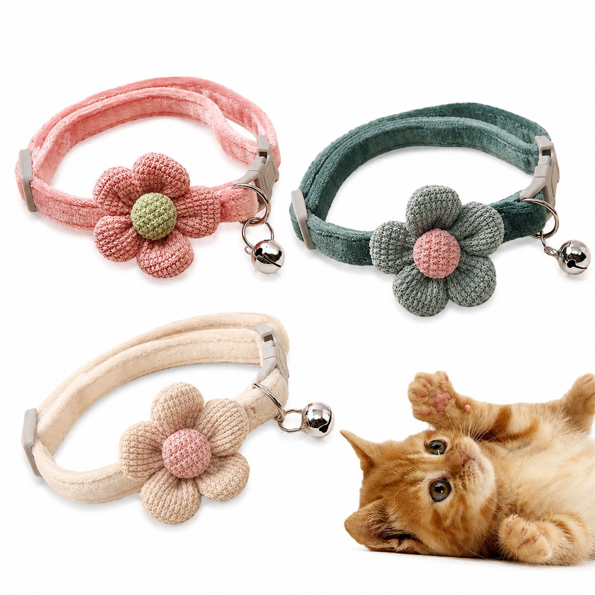 Kaiyaya - 3 stuks Kattenhalsband - Bloemontwerp met belletje - Zacht en verstelbaar - Voor katten en kittens - Crème, roze, donkergroen