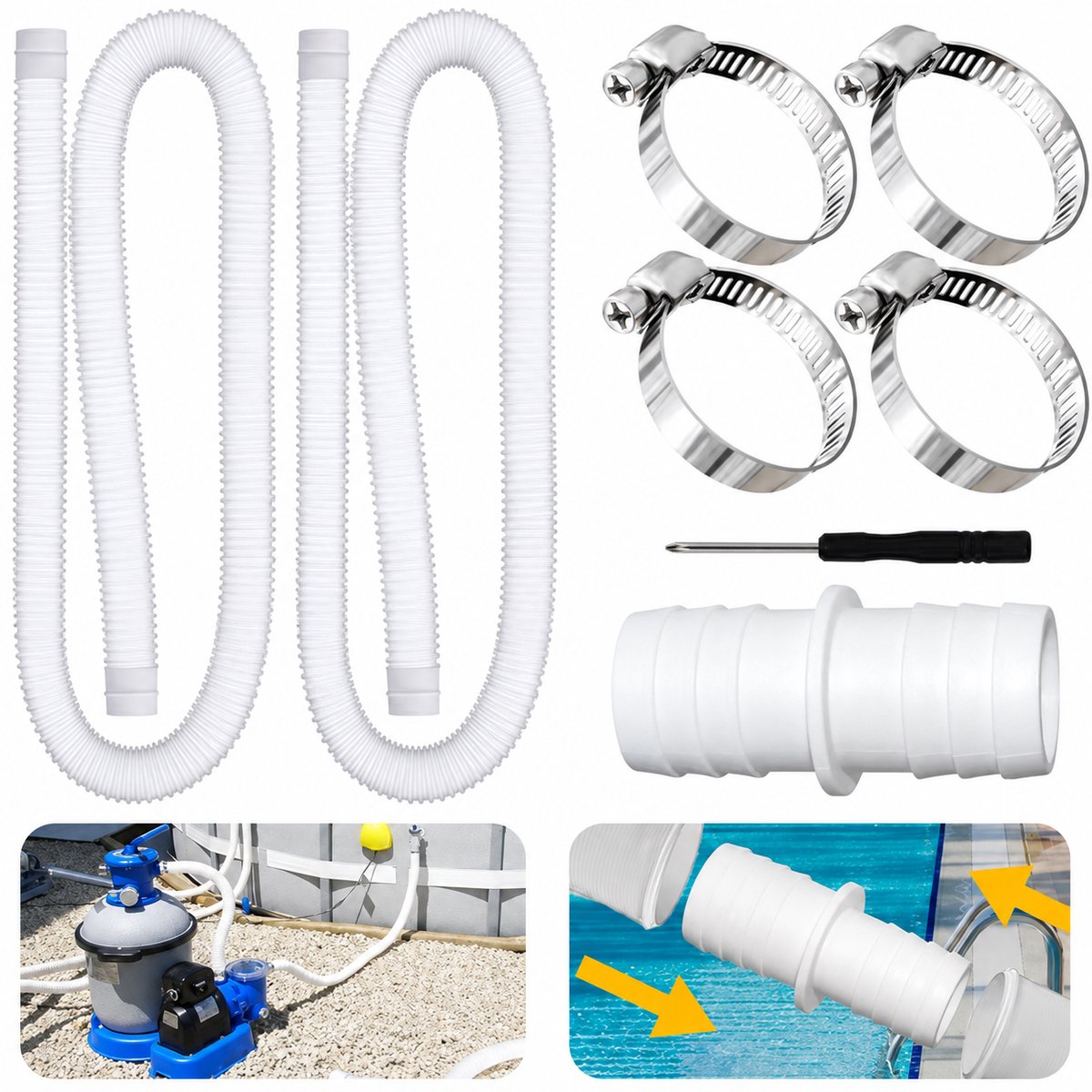 Namajunas Zwembadslang Set - 32mm - Universele Reserve Slang voor Zwembadpomp & Filterpomp - 2 Stuks Slangen van 1.5m - Inclusief 4 Slangenklemmen & Koppeling - Slang Zwembad Flexibel - Geschikt voor Intex & Bestway - Lekvrij & UV-bestendig - Blauw