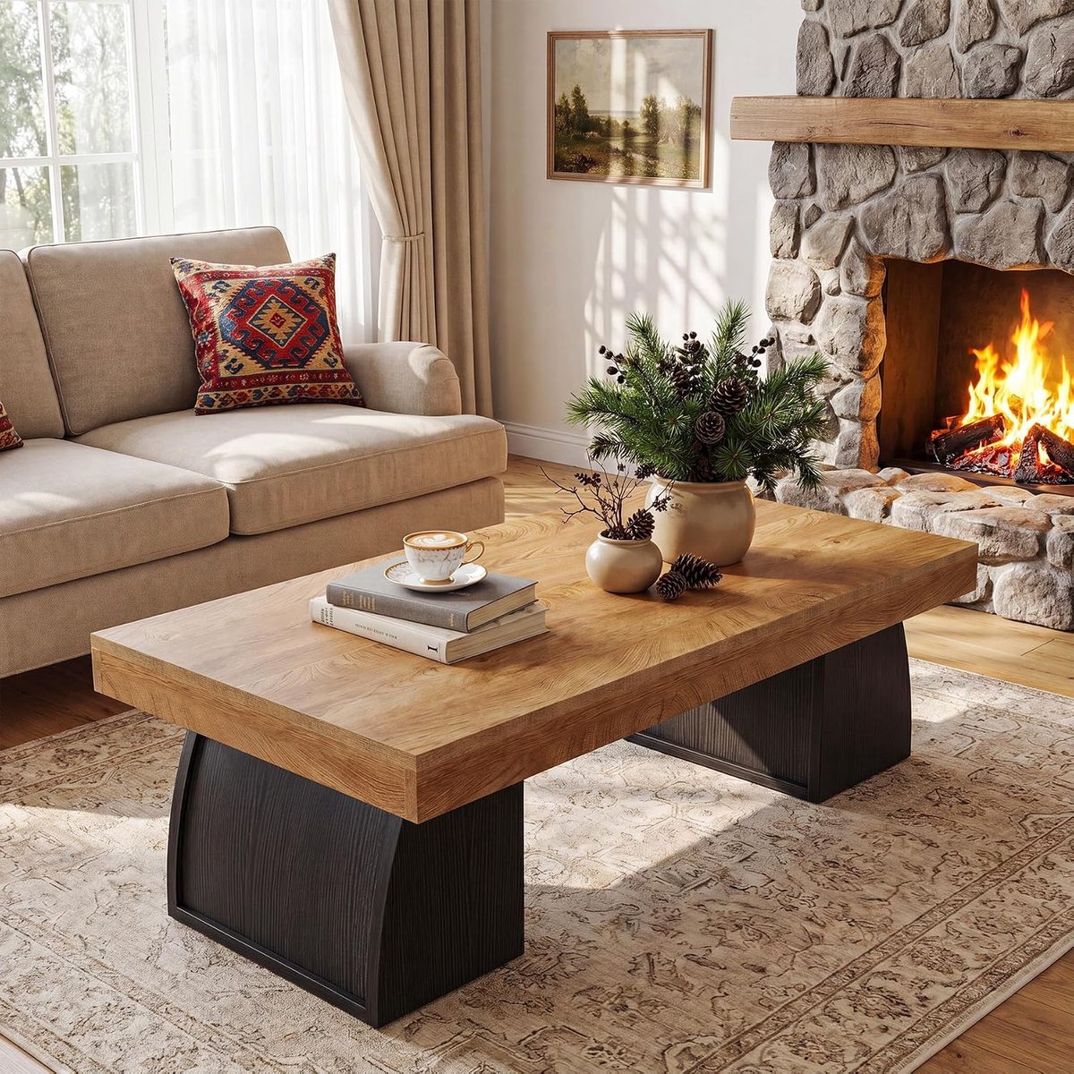 LITTLE TREE salontafel - 160 x 70 x 45 cm - Landelijke stijl‑2‑laags met onderplank‑opbergruimte - Smalle tafel achter de bank - Voor Woonkamer, Hal, Entree - Bruinzwart