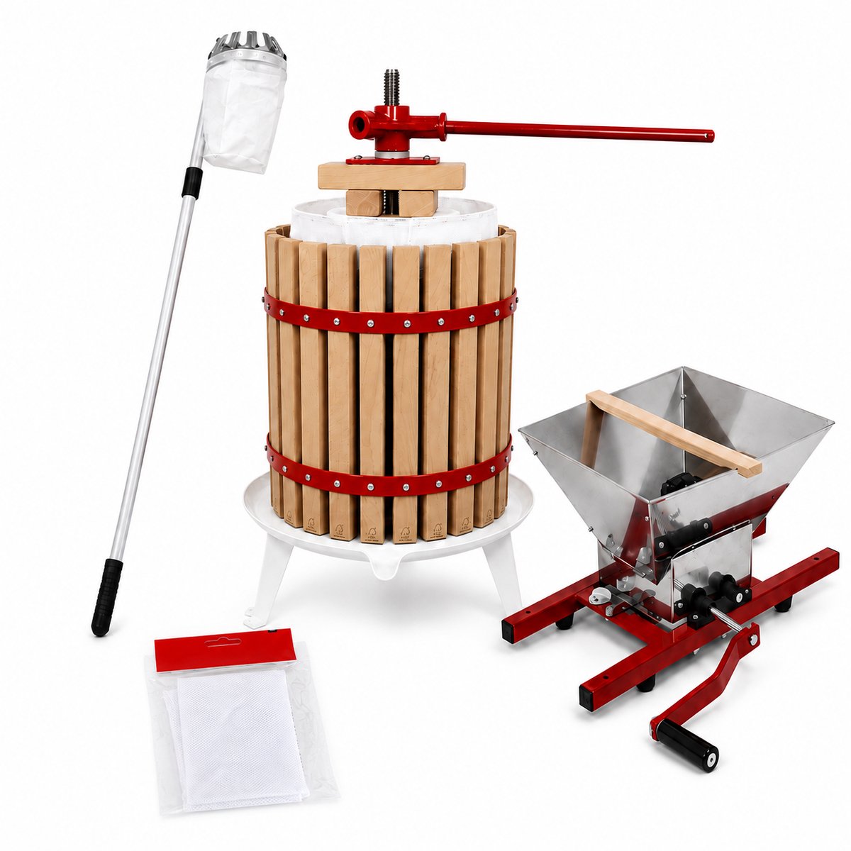 HOME It® Fruitpers Set 12 L - Eikenhout Appelpers met Fruitmolen 7 L, Telescopische Fruitplukker 150-260 cm & Gratis Sapzak - Voor Sap & Cider