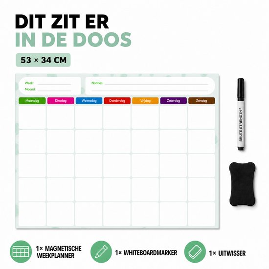 Een magnetische weekplanner met de afmetingen 53x34 cm, een whiteboardmarker en een gum liggen klaar. De weekplanner is leeg en heeft gekleurde dagen van de week.