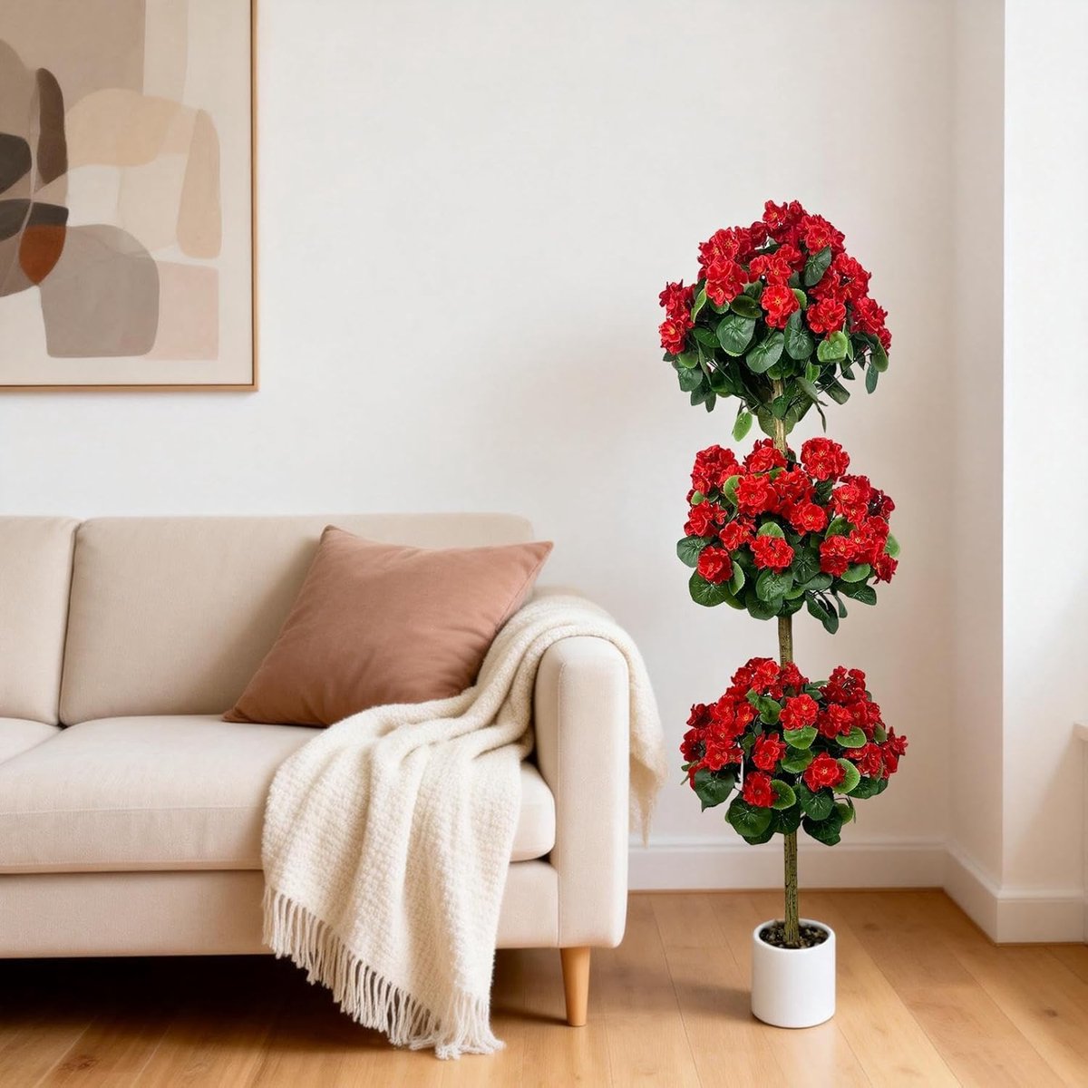 Kunstgeraniumboom - Hoge kunstplant met een ontwerp met twee of drie bollen - Realistische zijden bloemen - UV-bestendig - Onderhoudsarm - 150cm - Rood