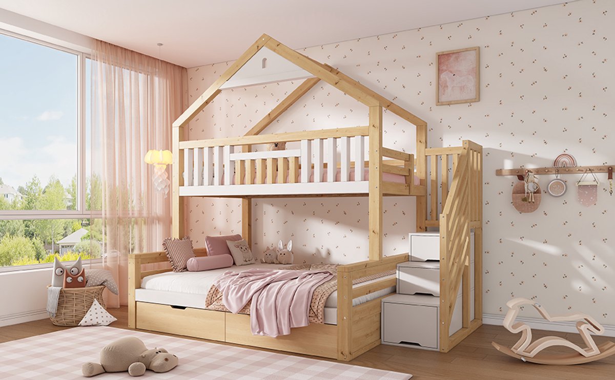OKWISH Stapelbed Huisbed 90x200 En 140x200 Cm - Met Trap, Opbergruimte En Lades - Voor Kinderen - Hout En Mdf - Wit En Eiken - Zonder Matras