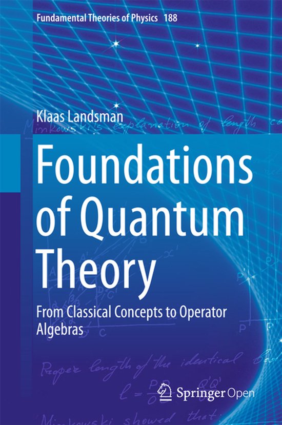 Boek 'Foundations of Quantum Theory' door Klaas Landsman. Achtergrond met blauw raster en tekst.