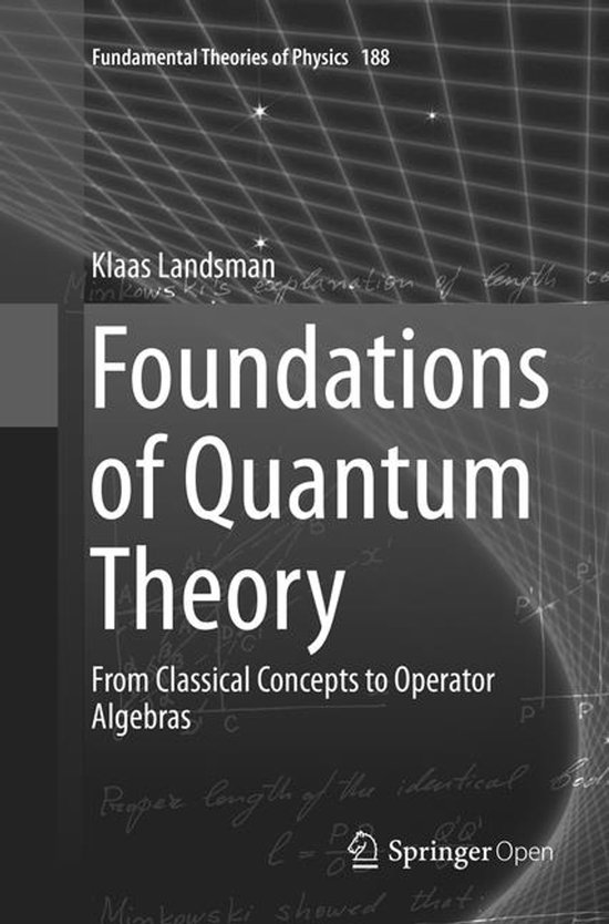 Boek 'Foundations of Quantum Theory' door Klaas Landsman. Achtergrond met raster en wiskundige formules.