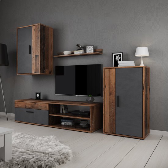 Wandmeubel met een donkergrijze kast naast een donkerhouten kast met een zwart accent.