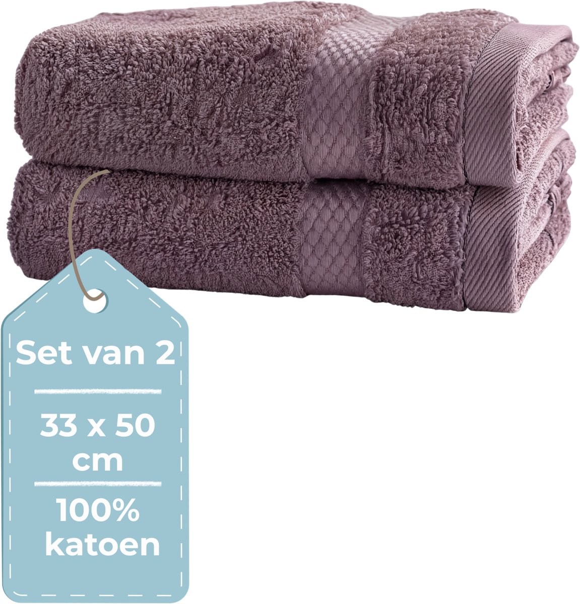 HUSH Living - Gastendoek - Handdoek - Set van 2 - 33×50 cm - 100% Katoen - Zware Kwaliteit 500g/m2 - Stijlvol Boord en Ophanglus - Vlierbes