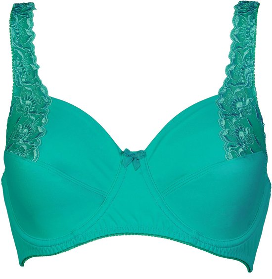 Turquoise BH met kanten bandjes en een strikje op de voorkant.