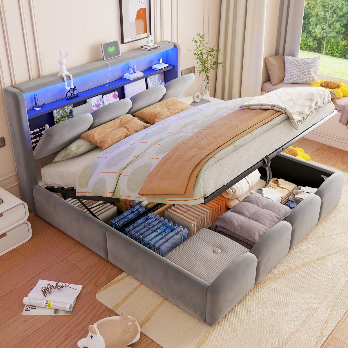 OKWISH Gestoffeerd Bed 140x200 cm - Dubbel Bed met Hydraulische Opbergruimte en Hoofdbordvak - USB en Type C - LED Verlichting - Fluweel - Grijs - Zonder Matras