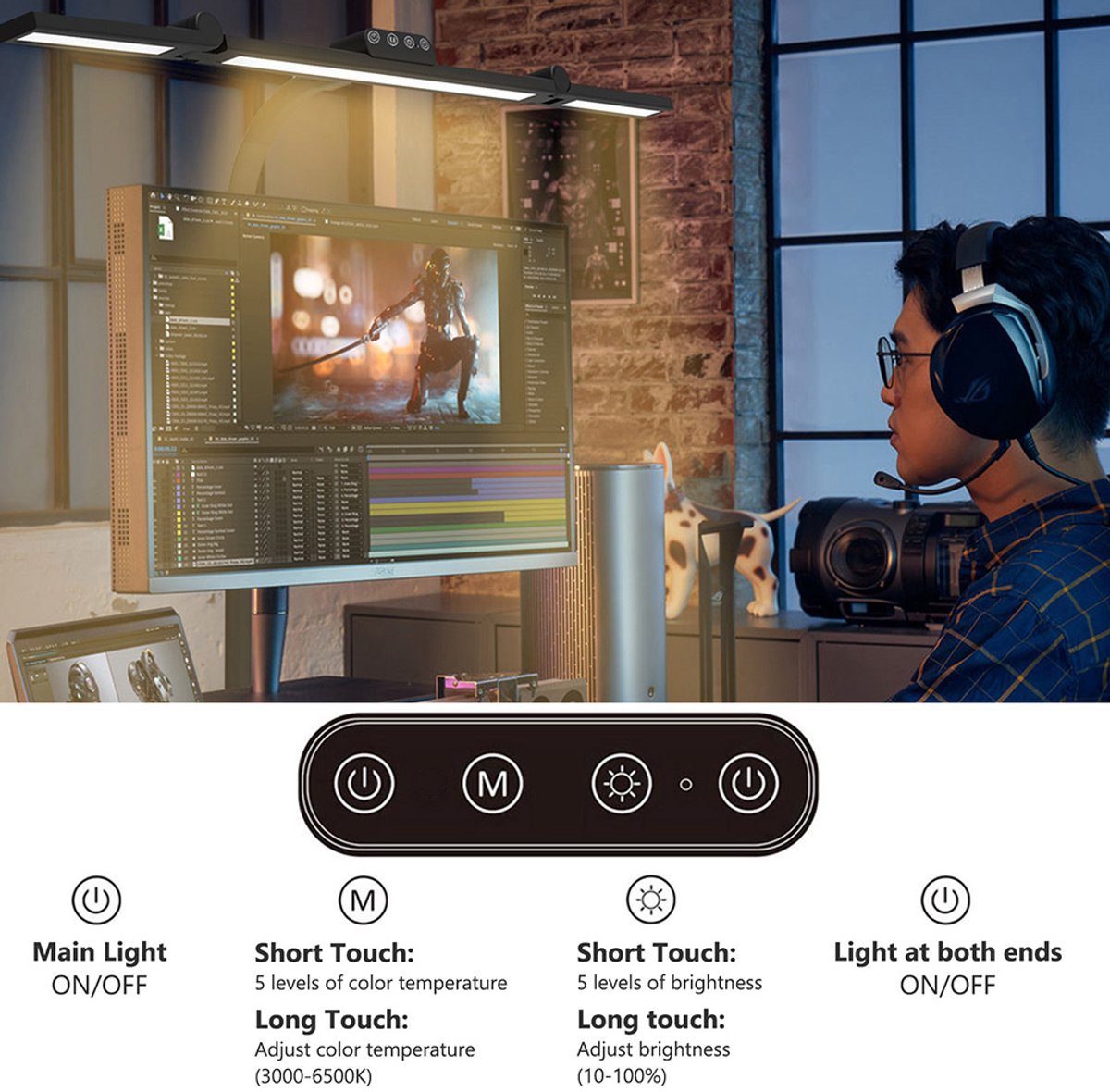 MUPOO Bureaulamp LED Dimbaar met Klem - Werklamp met 3 Verstelbare Lichtstrips & 360° Flexibele Zwanenhals -Hobbylamp met Touchbediening - 5 Lichtkleuren & 5 Helderheidsstanden - Monitor Lamp voor Kantoor, Tekentafel, Groot Bureau en Thuiswerk thumbnail 4