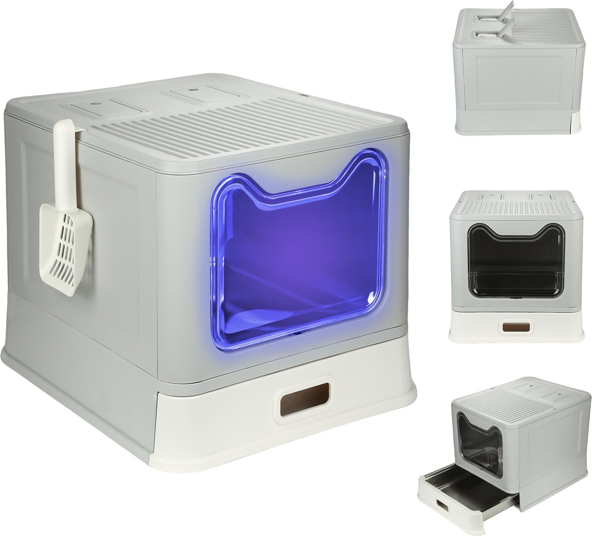PIPIPOXER Kattenbak RVS - Incl. 1 Geurneutralisator 1 kiemdodende lamp-Kattentoilet met Schep - Opvouwbare Gesloten Kattenbak met Lade - - 2 in 1 Open Kattenbak - Kattentoilet -40x46x39cm -grijs