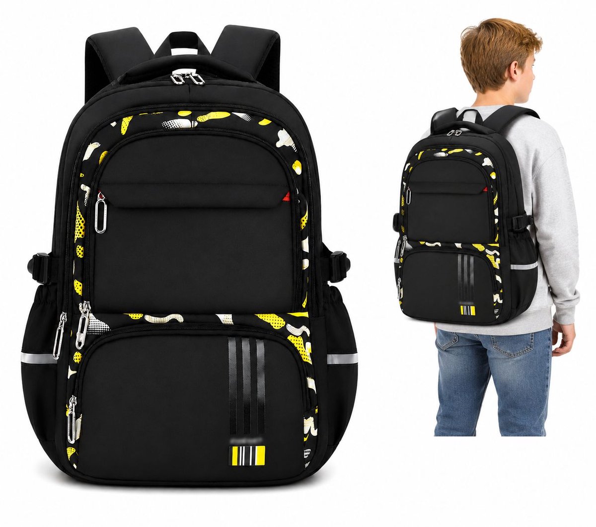 Bobypet - Schoolrugzak jongens - 46 x 31 x 16 cm lichtgewicht waterbestendige rugtas - voor school en reizen - zwart