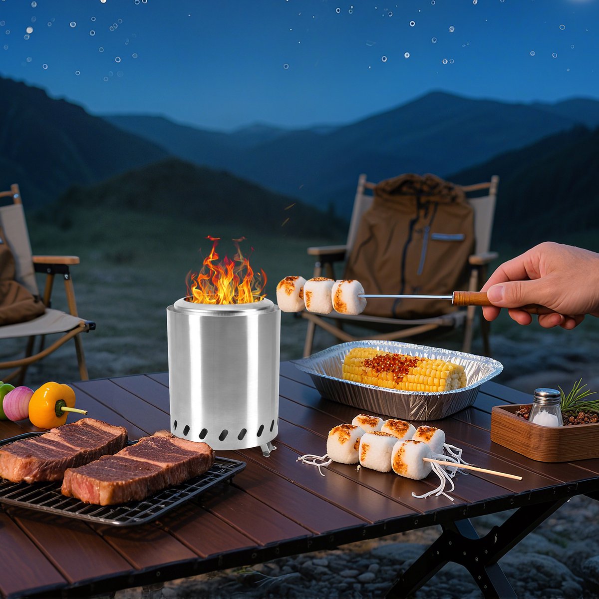 Rookvrije Vuurschaal voor Buiten, Draagbaar RVS Tafelvuur met Aslade, Pook en Opbergtas, Compact voor Tuin Terras Balkon Camping