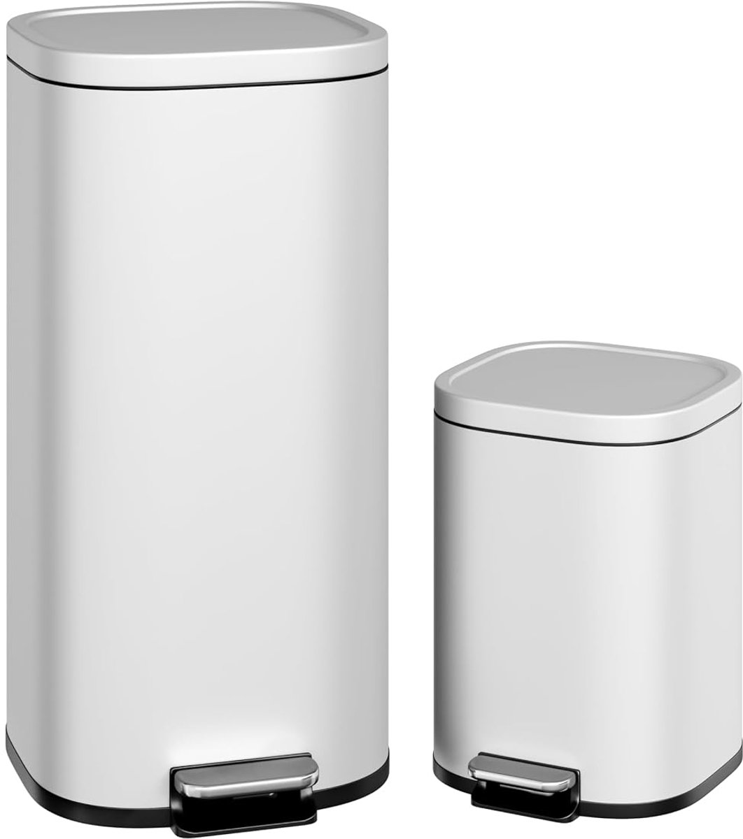 Pedaalemmer RVS Slank 2 Stuks - 30L+6L - Prullenbak Set - Waterdichte Badkamer Prullenbak - Soft Close Deksel - Voor Badkamer En Keuken - Wit