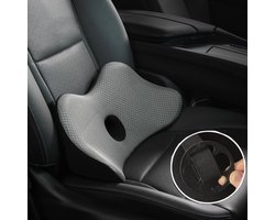 Auto Rug kussen - Lendekussen - Traagschuim - Lendenkussen voor auto - 47 x 18 x 21 cm - Met sluiting - rugleuning pijnverlichting op road trips - Ergonomische Rugsteun Auto - voor autostoelen en bureaustoelen - comfortabele rugsteunpunt - Grijs