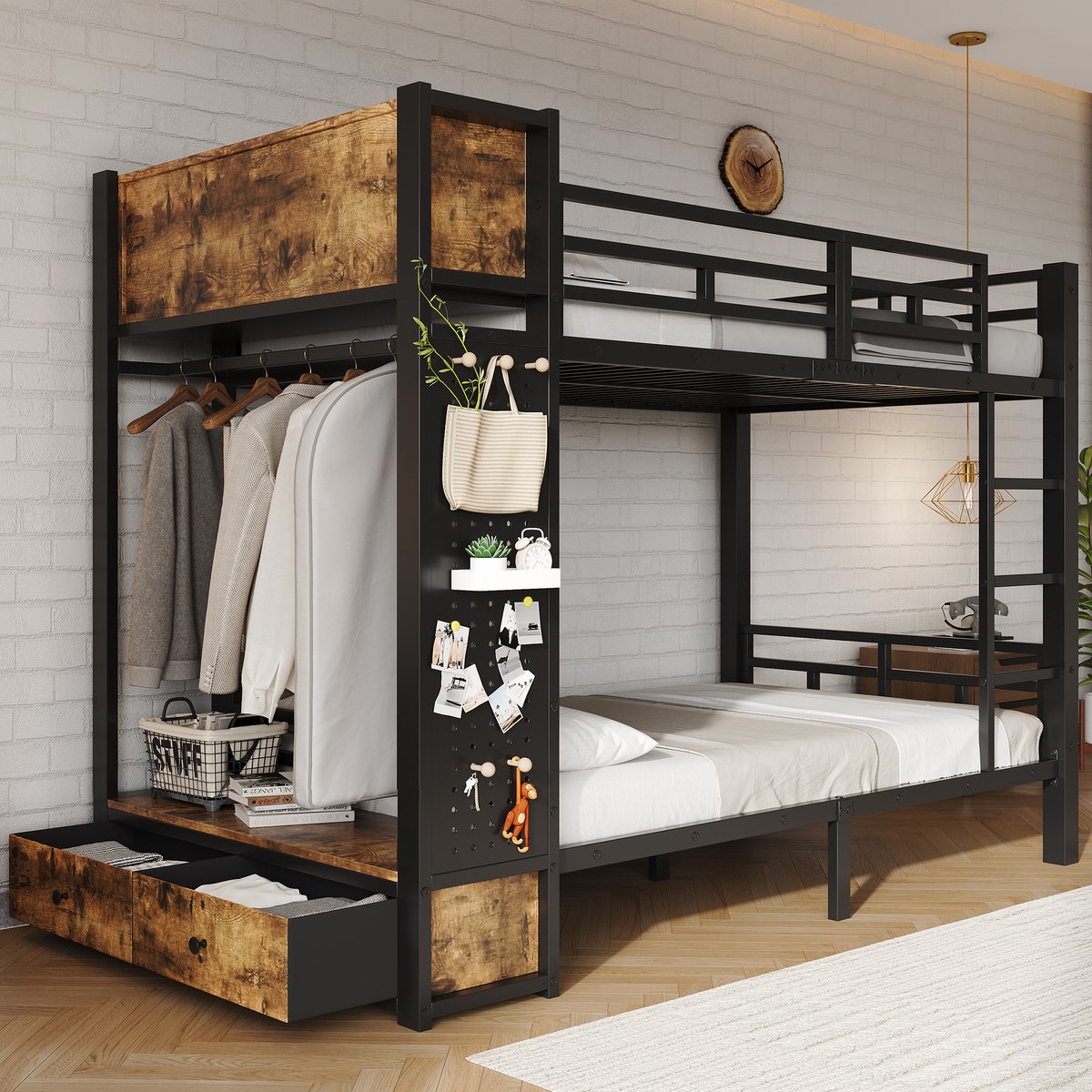 STILVORA Stapelbed 120x200cm – Metalen Bed Met Opbergruimte, Kledingstang En Lade – Voor Kinderkamer En Jeugdkamer – Zwart En Dark Walnut – Zonder Matras