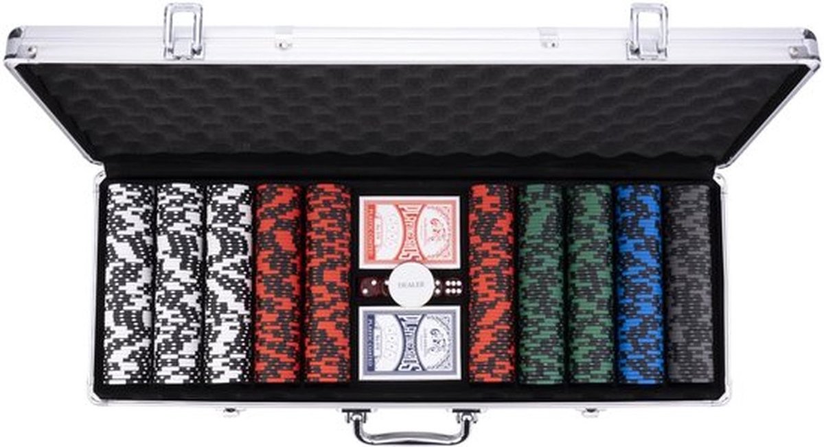 Pokerset 500 Chips - Zilverkleurige Koffer - 2 Kaartspellen - 3 Dealerknoppen - 5 Dobbelstenen - Premium Kwaliteit - Poker Set