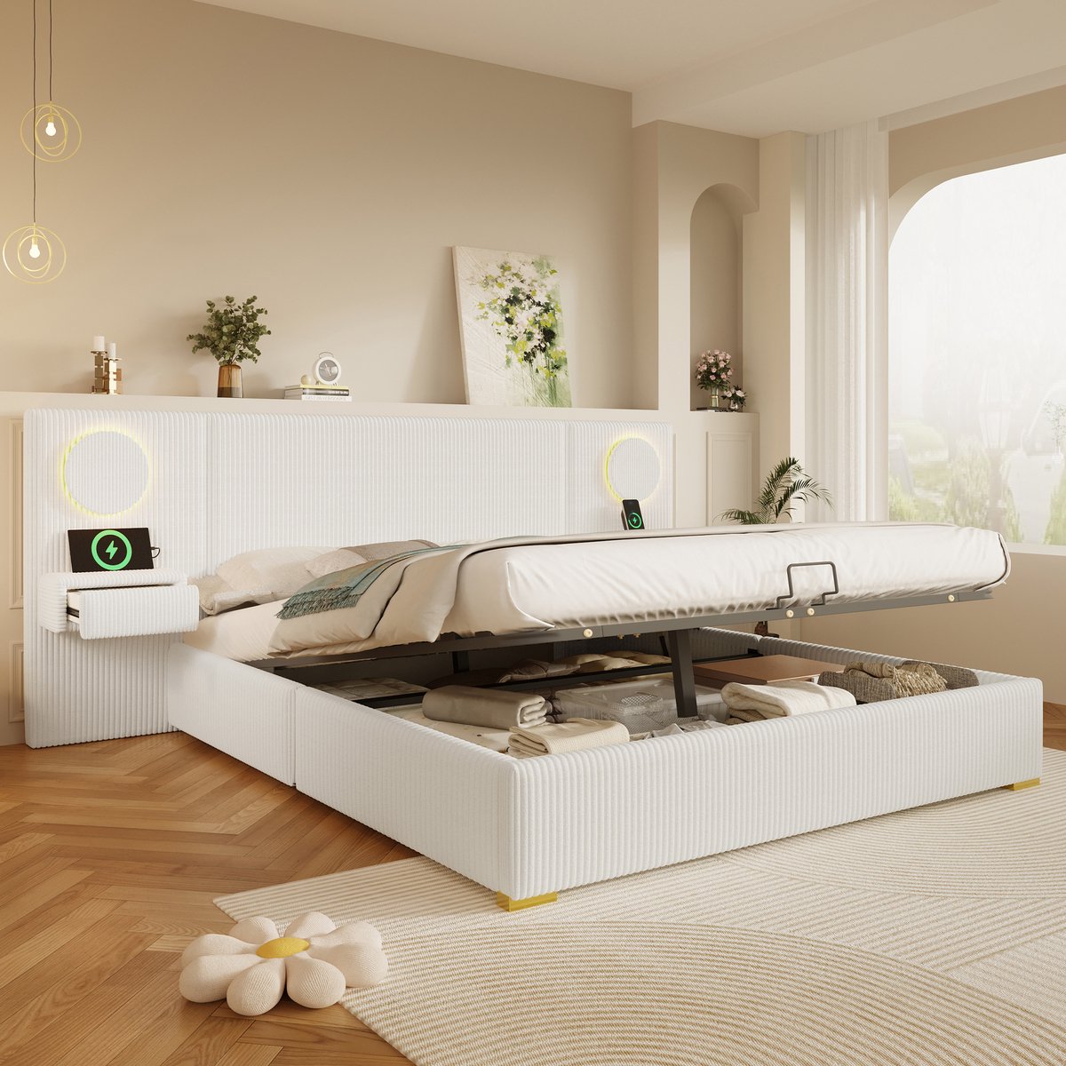 STILVORA Gestoffeerd Bed 180x200cm - Tweepersoonsbed Met LED-Kopdeel, Usb-Aansluitingen En Hydraulische Opbergruimte - Beige - Zonder Matras