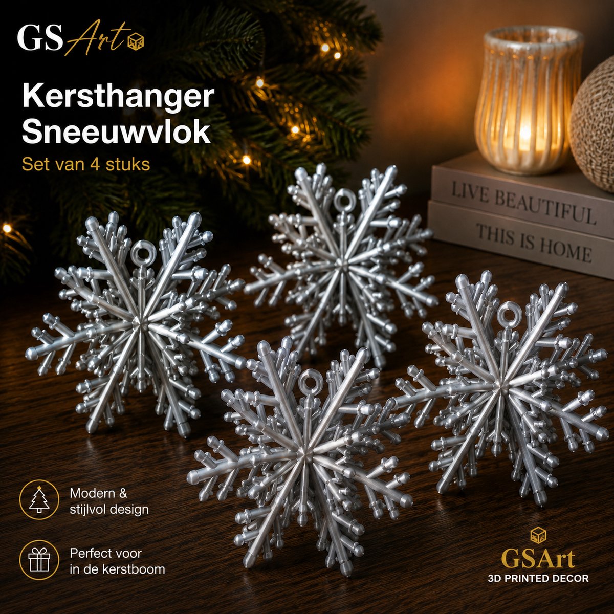 GSArt Kersthangers Sneeuwvlok – Set van 4 stuks - Zijde Zilver
