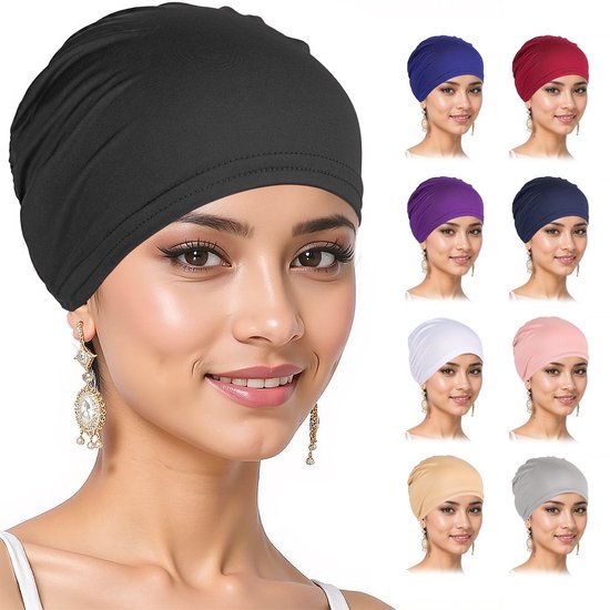 Vrouw met een zwarte hoofdband, en in de kleinere afbeeldingen zijn de hoofdbanden in verschillende kleuren te zien: blauw, rood, paars, marineblauw, wit, roze, beige en grijs.
