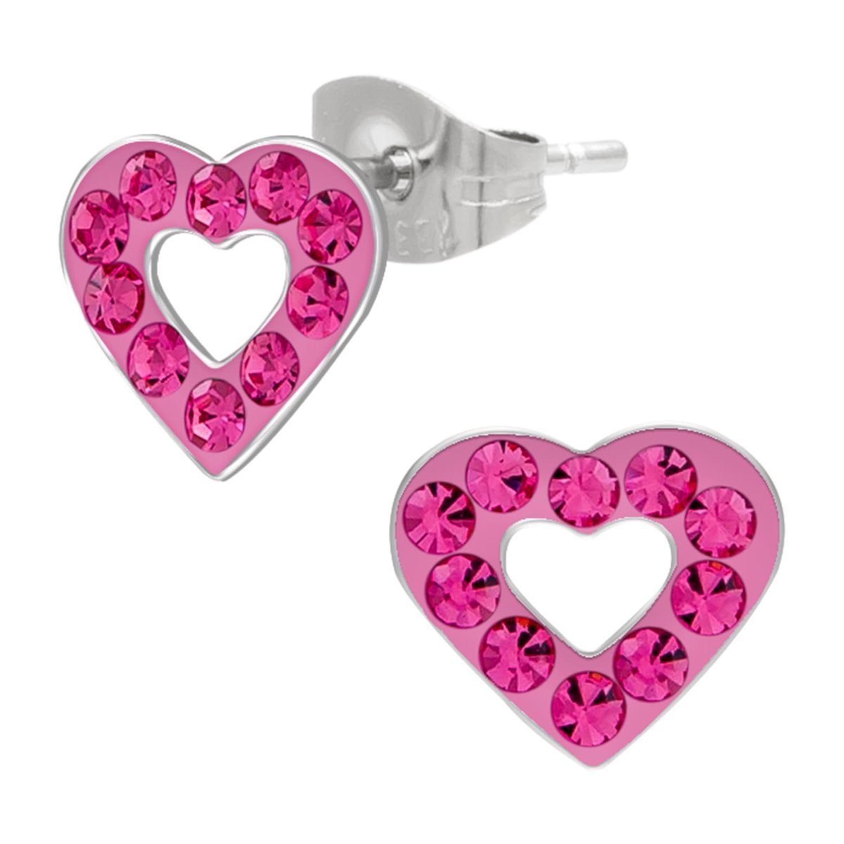 Kinderoorbellen Meisjes – Oorstekers Hartje – 316L Chirurgisch Staal – Roze Kristallen – Kinder Oorbellen Hart – 8 mm