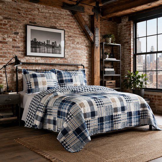Dekbedovertrek met een patchwork design in blauw, wit en beige tinten. Met ruit- en plaidpatronen.