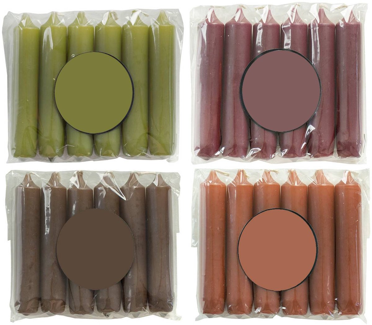 Cactula Luxe Korte Dinerkaarsen – 24 Stuks – Ø 2,1 x 12 cm – Trendy Winterkleuren – Chestnut, Aubergine, Espresso & Olive - Voordeel