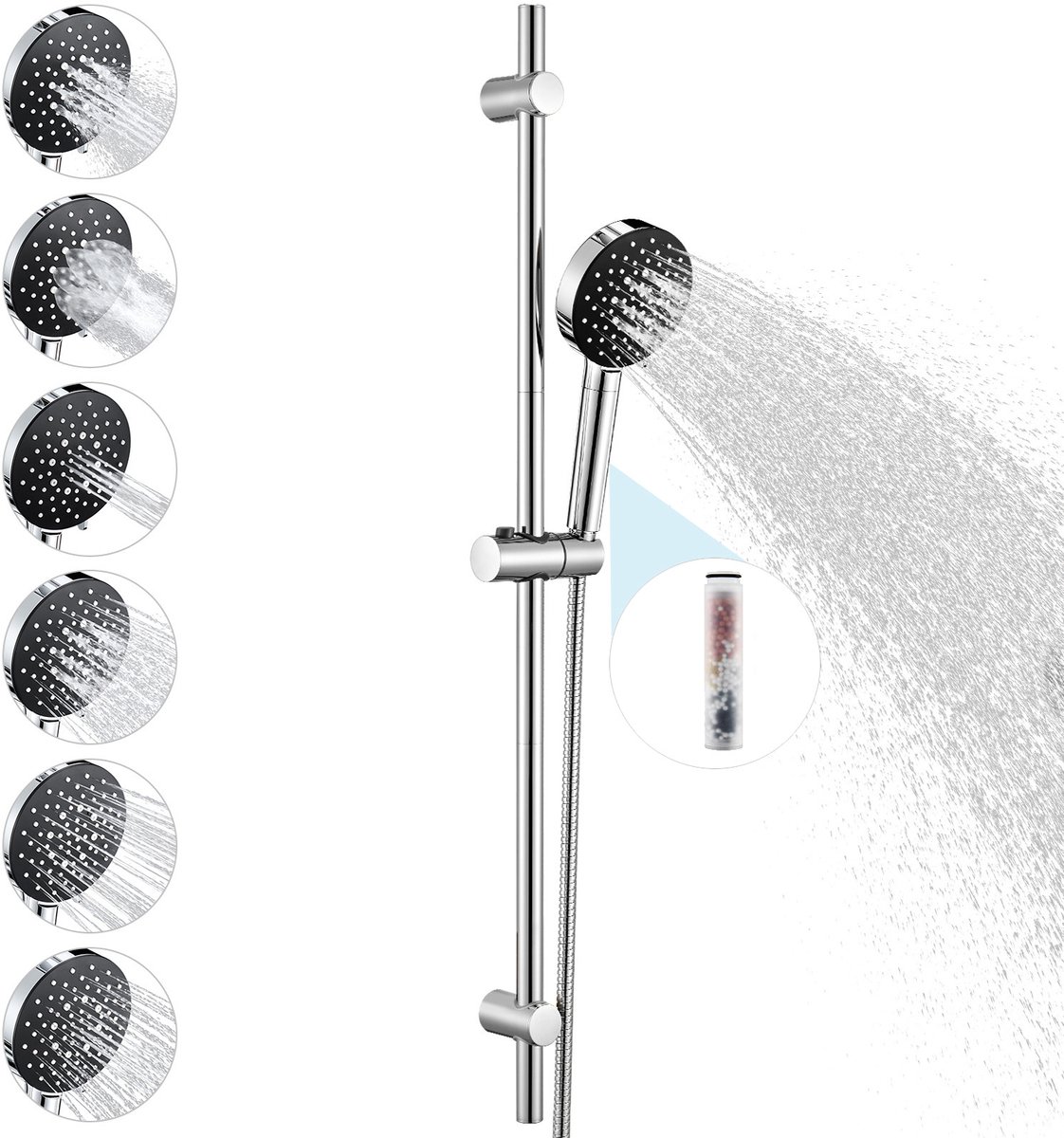 Auralum Max Glijstangset - Doucheset Met Handdouche - 90 cm Glijstang - Ronde handdouche met Filter - Douchekop Ø 12 cm - 6 Standen - Doucheslang 150 cm - Waterbesparend - Chroom&Zwart
