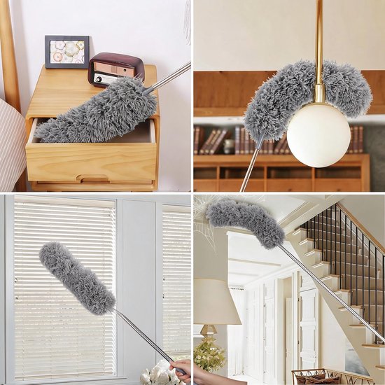 Grijze microvezel plumeau wordt gebruikt om een lamp, laden en jaloezieën schoon te maken.