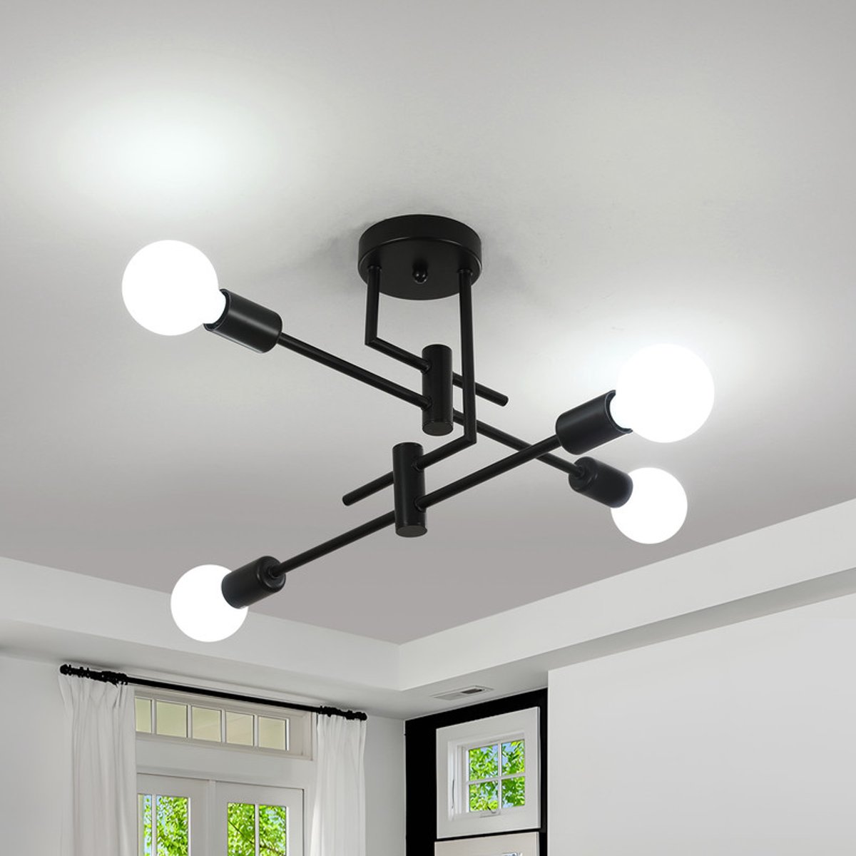 Riserva Plafondlamp modern minimalistisch vertakt zwart, 4‑lichts E27 fitting max 60W zonder lamp, magische boon design ijzer, 51cm, voor woonkamer slaapkamer eetkamer studeerkamer keuken