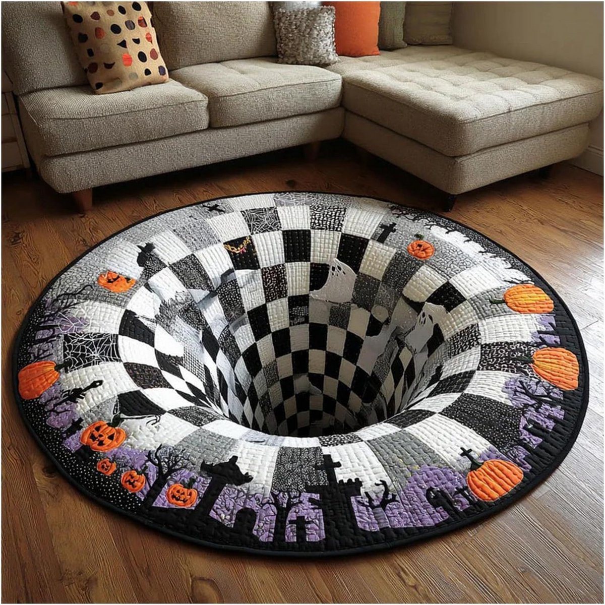 Namajunas vloerkleed - rond vloerkleed - vloerkleed rond met skelet - halloween decoratie - 3D-effect optische illusie - 60 x 60 cm - halloween versiering voor woonkamer slaapkamer feest